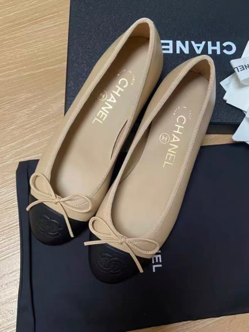 CHANEL Two-Tone Beige and Black Ballet Flats